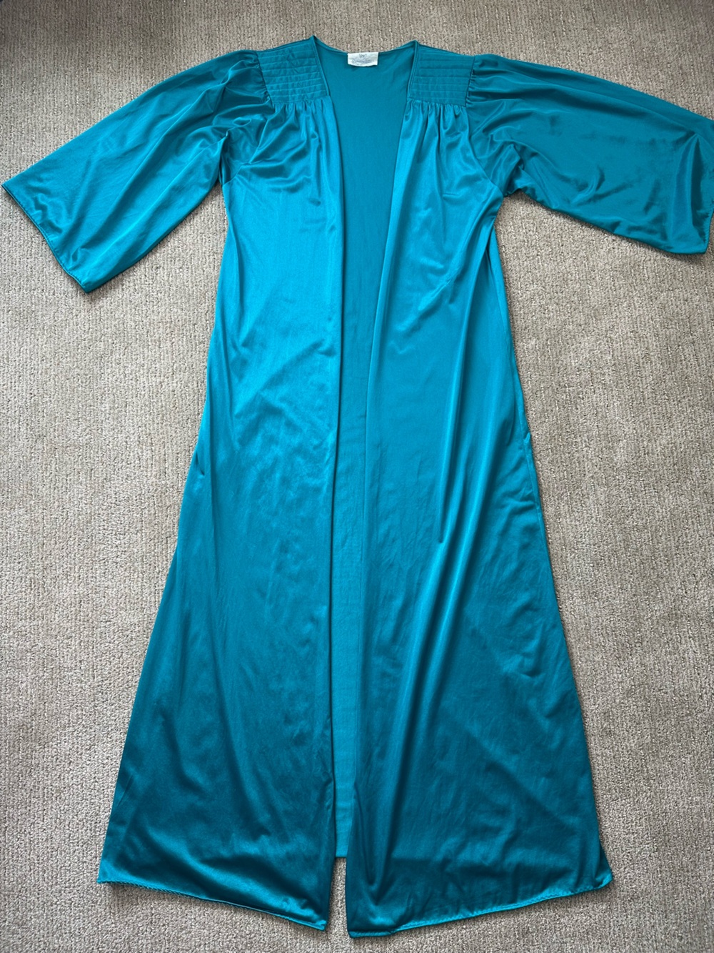 Vtg Teal Liquid Satin Robe | Smocked Shoulder Maxi Nightgown |Old Hollywood L/XL